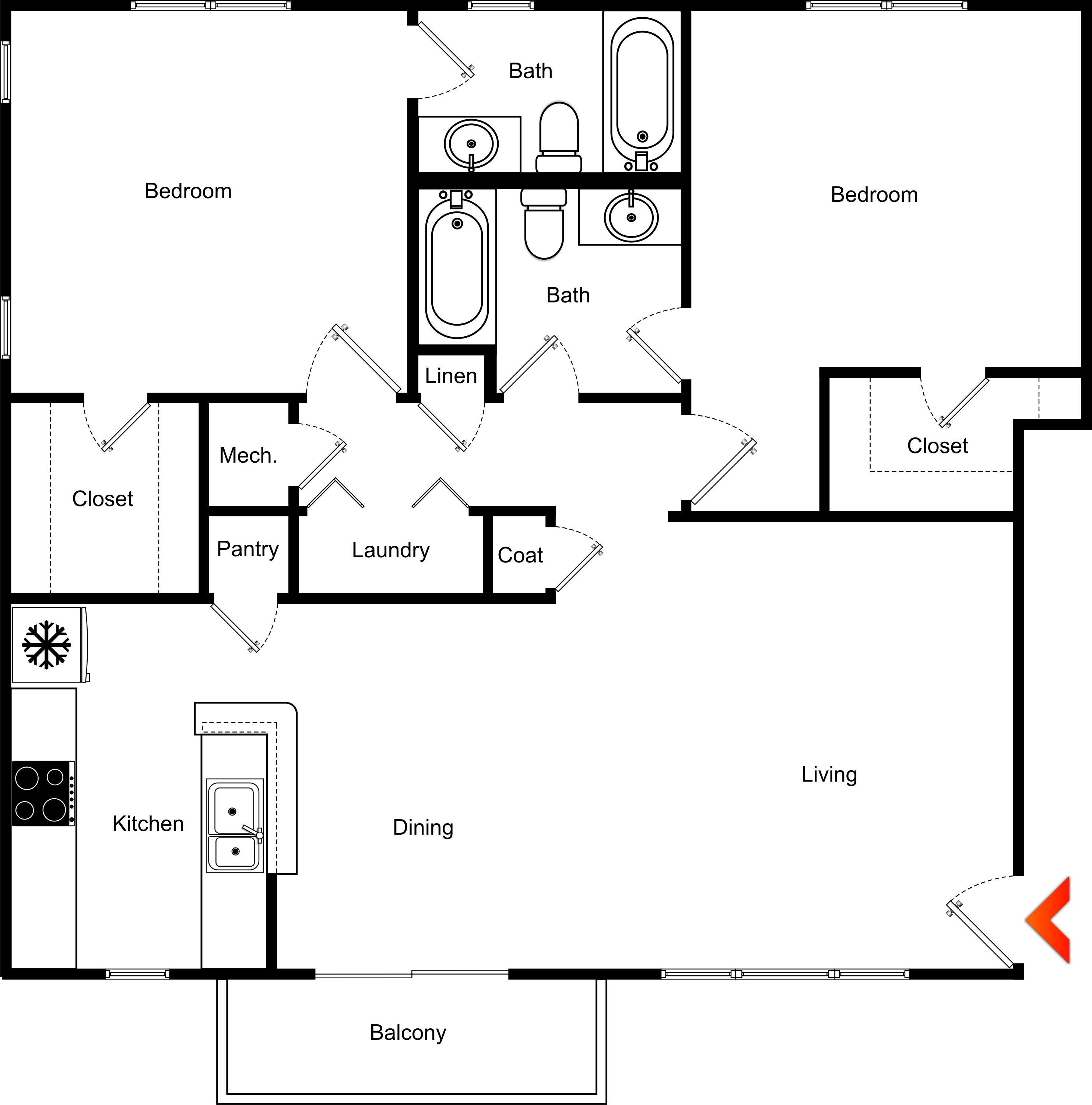 Floor plan for 2 beds, 2 baths, 1180 sqft